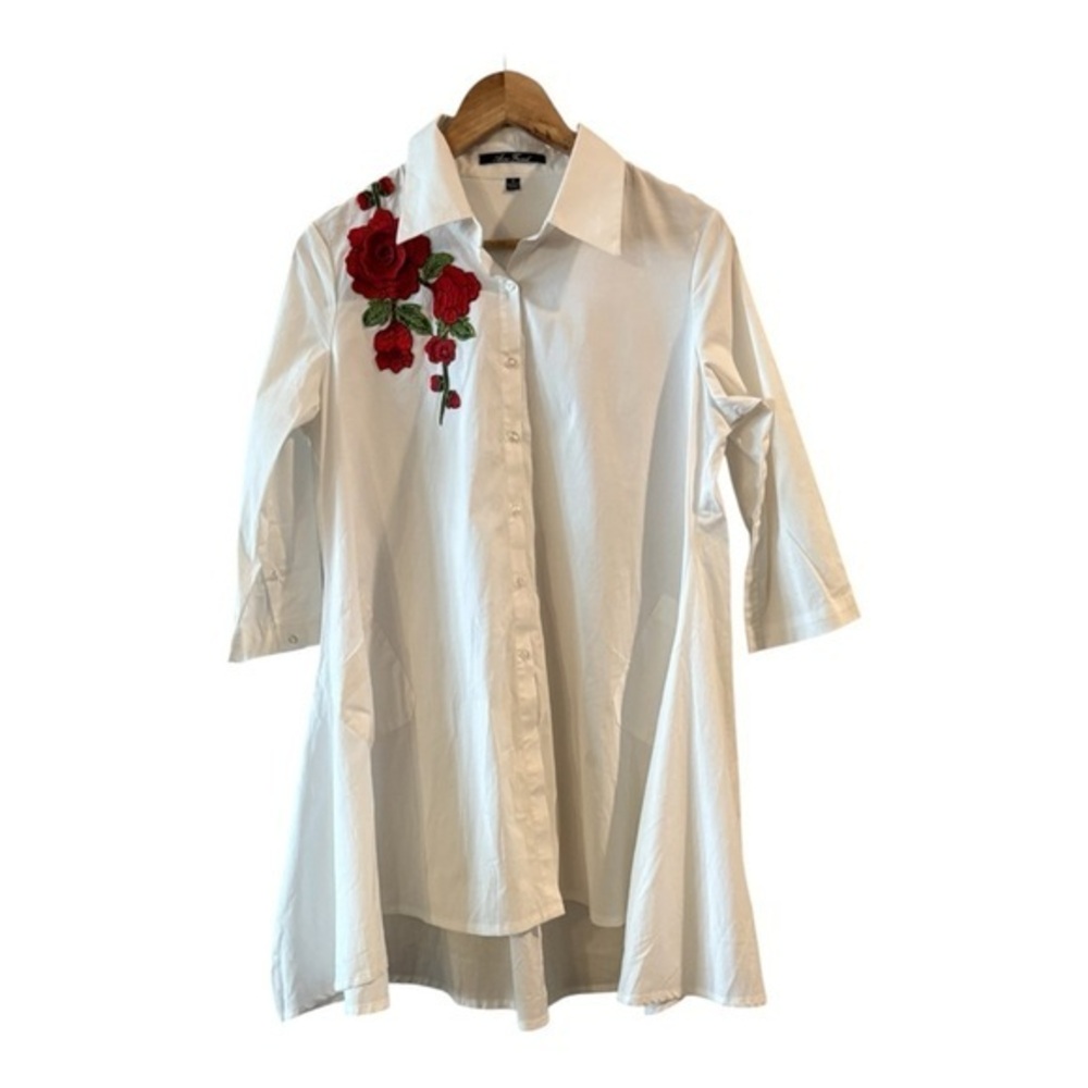 Anne French White High-Low Shirt Dress Red Rose Embroidery Oversized Small